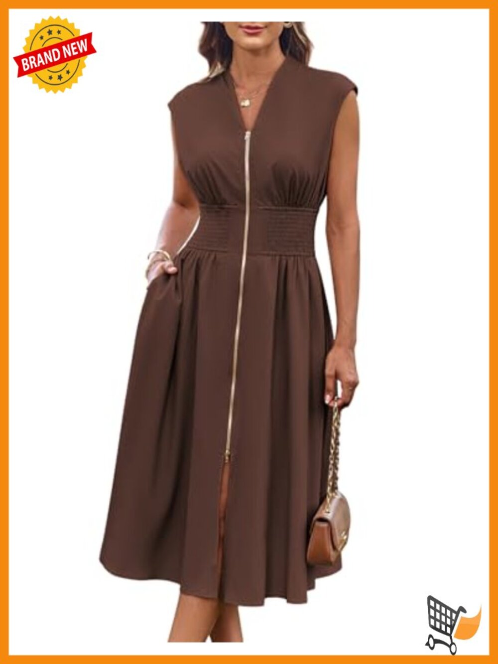 Cap Sleeve Zipper Front Flowy Midi Dress with Pockets, Business Office Work